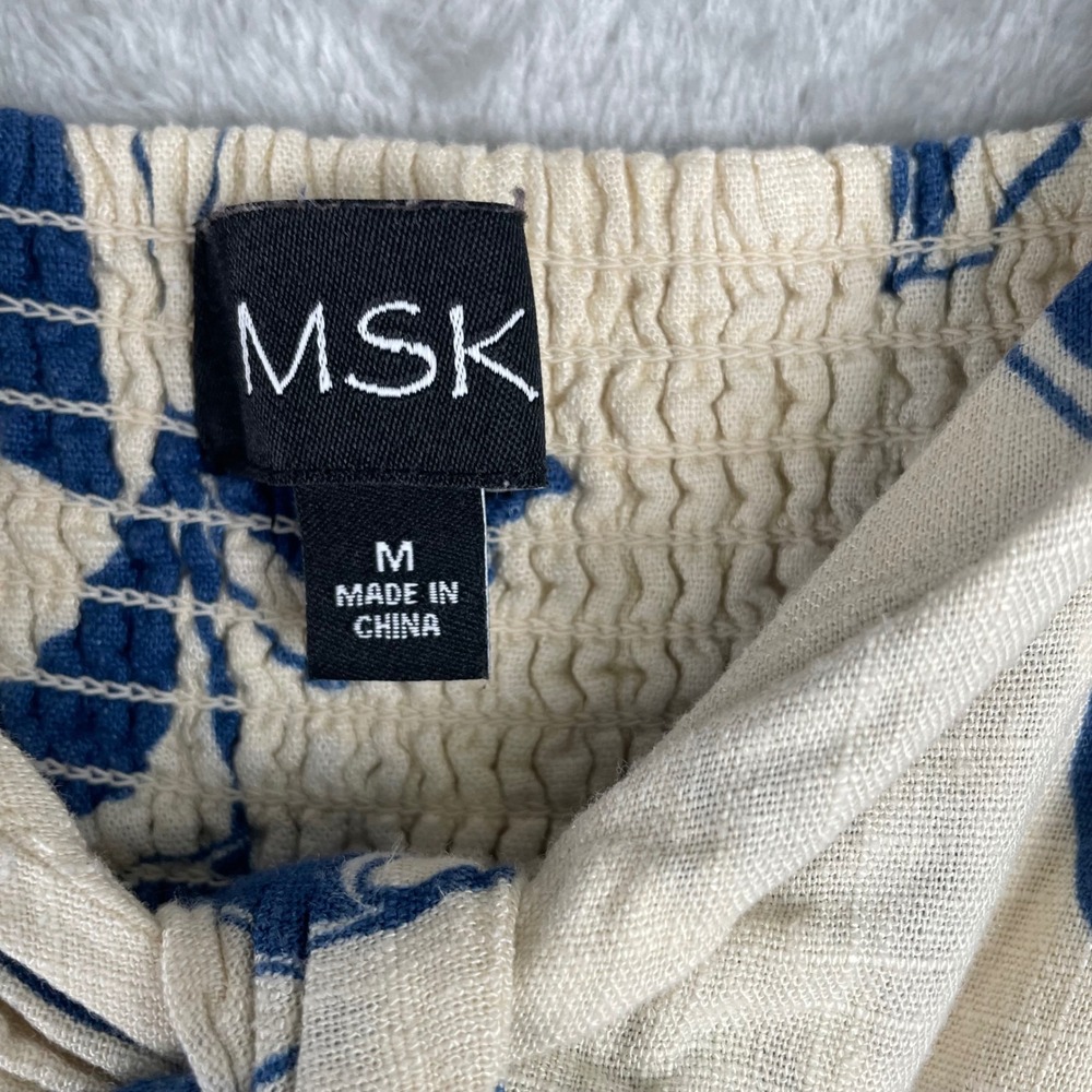 MSK Blue Tropical Leaf Print Tiered Maxi Dress Linen Blend Tie Front Pockets M - Picture 3 of 9